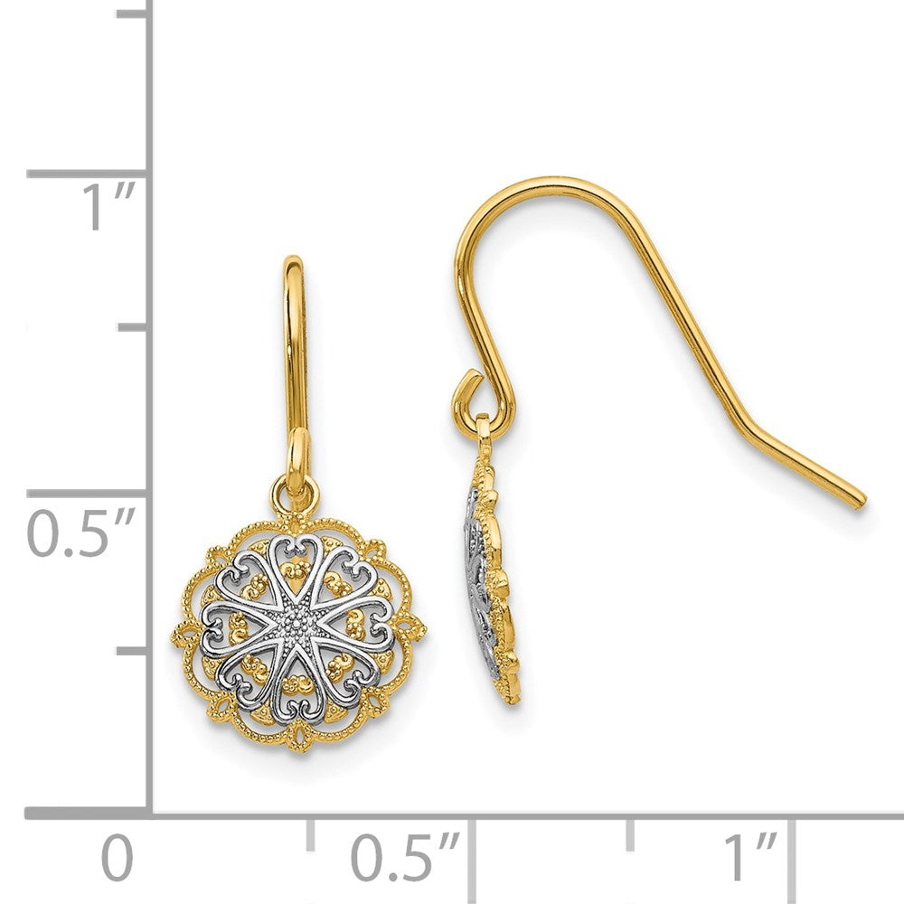 14k and White Rhodium Polished and Textured Medallion Dangle French Hook Earrings