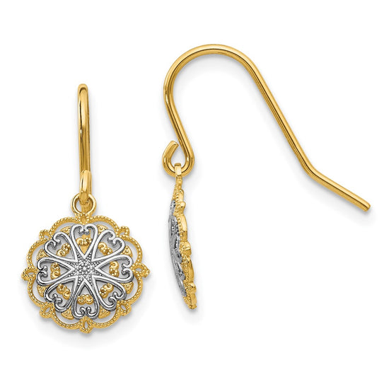 14k and White Rhodium Polished and Textured Medallion Dangle French Hook Earrings