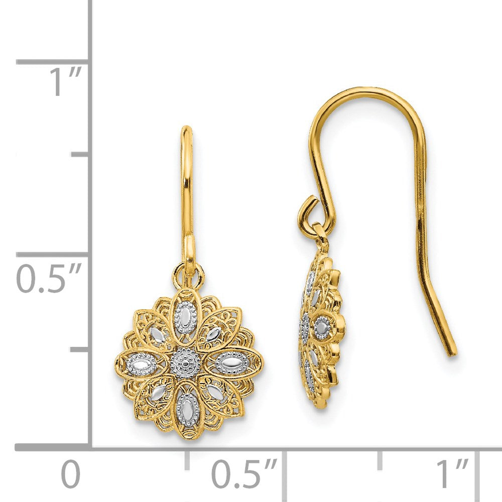 14k and White Rhodium Diamond-cut Polished Medallion Dangle Wire Earrings