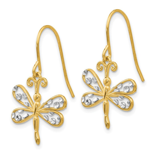 14k and White Rhodium Diamond-cut Dragonfly Dangle French Hook Earrings