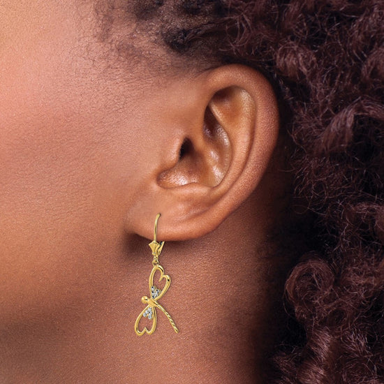14k and White Rhodium Diamond-cut Dragonfly Dangle Leverback Earrings