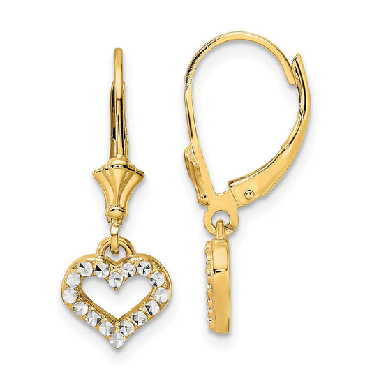 14k and White Rhodium Diamond-cut Open Heart Leverback Earrings