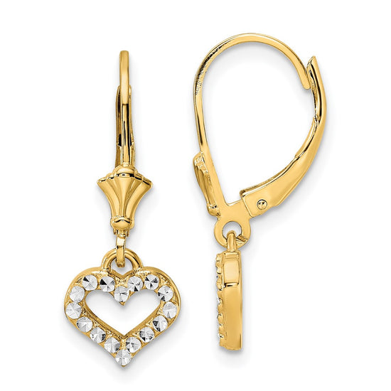 14k and White Rhodium Diamond-cut Open Heart Leverback Earrings