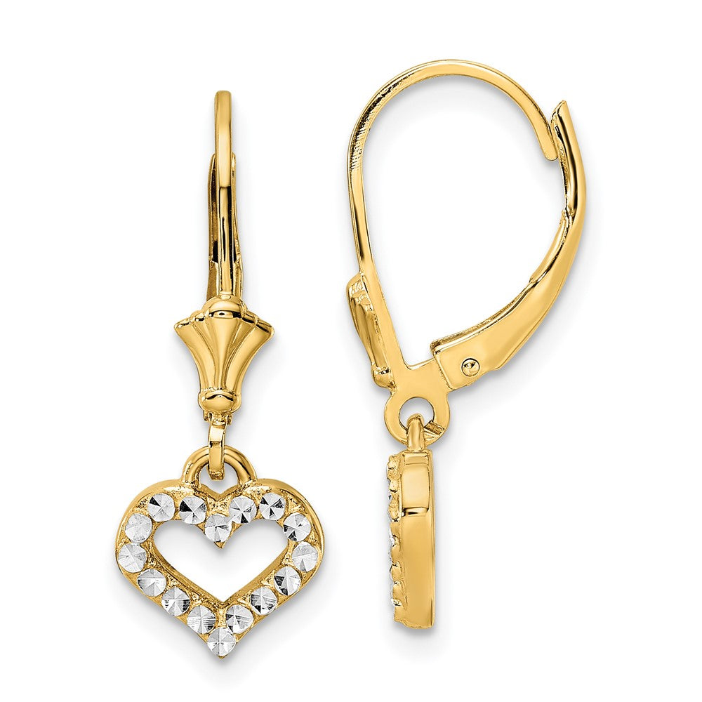 14k and White Rhodium Diamond-cut Open Heart Leverback Earrings