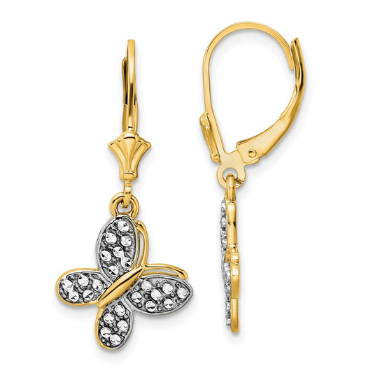 14k and White Rhodium Diamond-cut Fancy Butterfly Dangle Leverback Earrings
