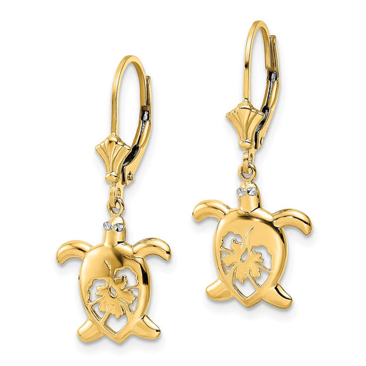 14k and White Rhodium Diamond-cut Floral Turtle Leverback Earrings