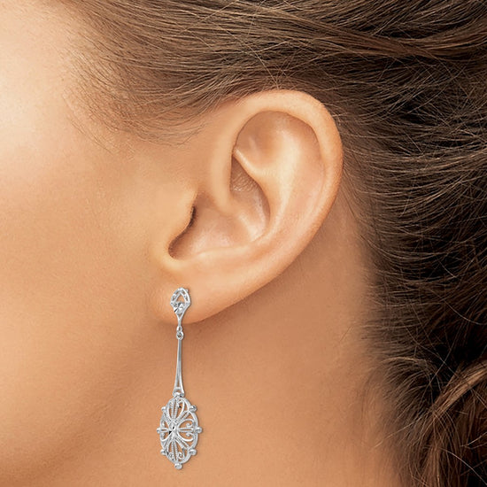 14k White Gold Diamond-cut Filigree Medallion Dangle Post Earrings