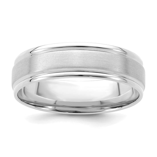 14k White Gold 6mm Standard Weight Comfort Fit Brushed Satin/Polished Grooved Edge Wedding Band Size 12