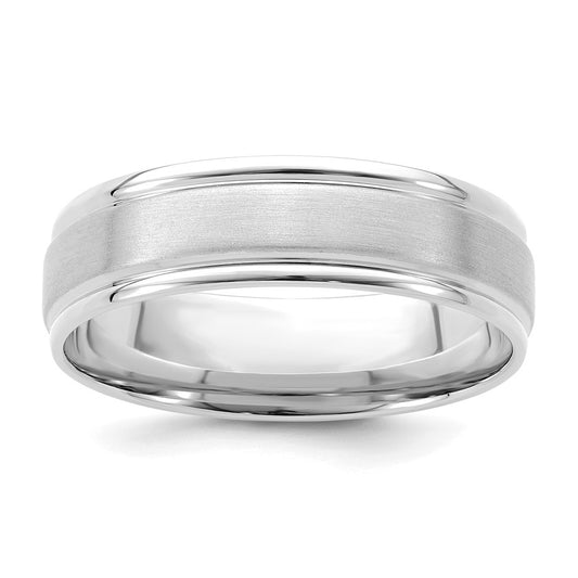 14k White Gold 6mm Standard Weight Comfort Fit Brushed Satin/Polished Grooved Edge Wedding Band Size 10