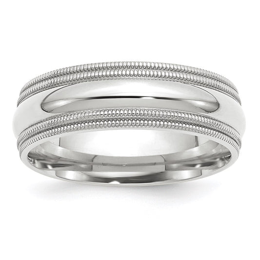 14k White Gold 7mm Double Milgrain Comfort Fit Wedding Band Size 11.5