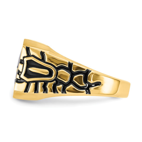 14k Men's Polished, Antiqued and Grooved with Imitation Blue Spinel Masonic Ring