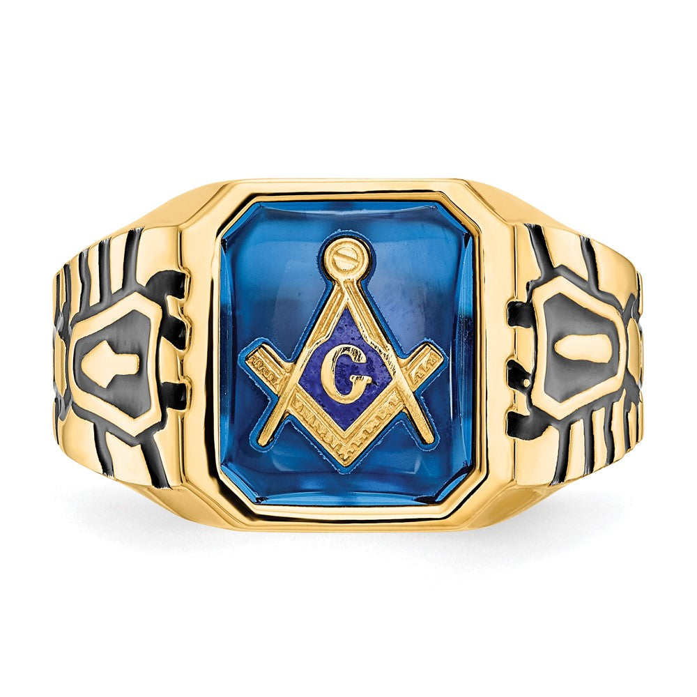 14k Men's Polished, Antiqued and Grooved with Imitation Blue Spinel Masonic Ring