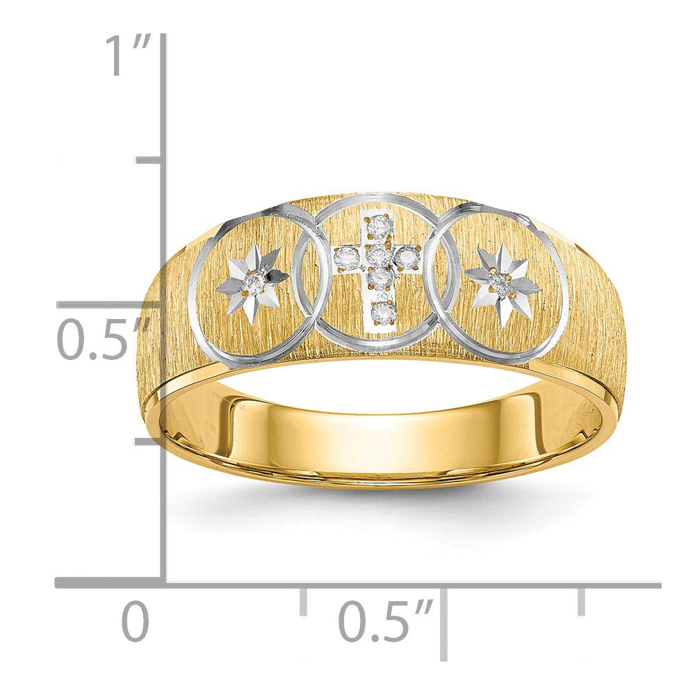 14k and Rhodium AA Quality .03 carat Diamond Trio Mens Complete Wedding Band with Cross