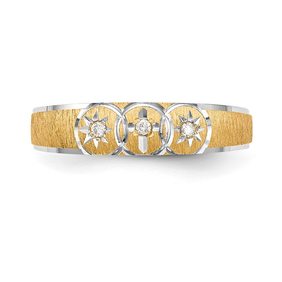 14k and Rhodium AA Quality .03 carat Diamond Trio Ladies Complete Wedding Band with Cross