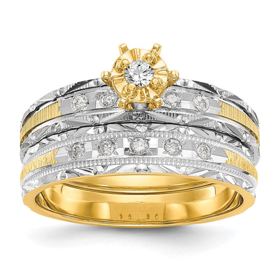 14k and Rhodium AA Quality 1/10 carat Diamond Trio Complete Engagement Ring