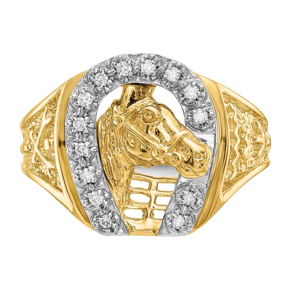 14k Two-tone1/6 carat VS Diamond Horseshoe with Horse in Center Mens Ring
