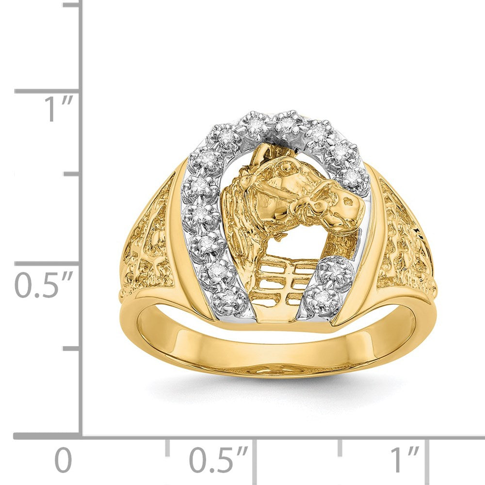 14k Two-tone1/6 carat VS Diamond Horseshoe with Horse in Center Mens Ring