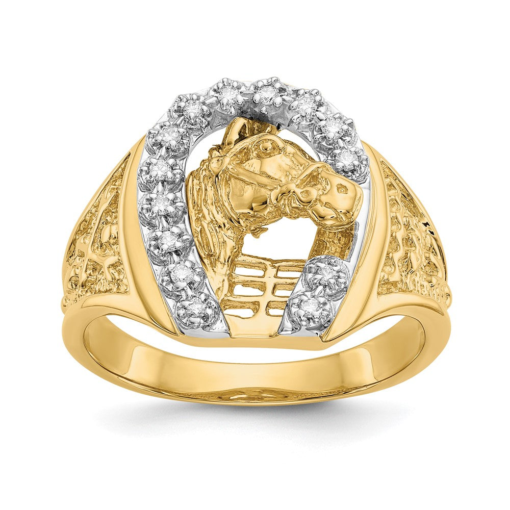 14k Two-tone1/6 carat VS Diamond Horseshoe with Horse in Center Mens Ring