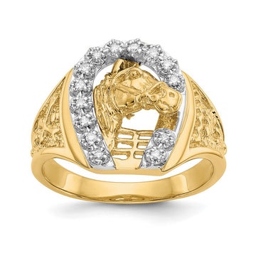 14k Two-tone1/6 carat VS Diamond Horseshoe with Horse in Center Mens Ring