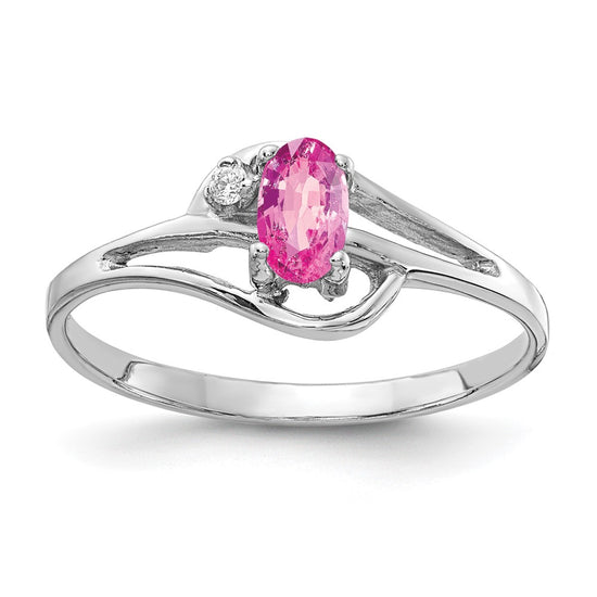 14k White Gold 5x3mm Oval Pink Sapphire and AA Diamond Ring