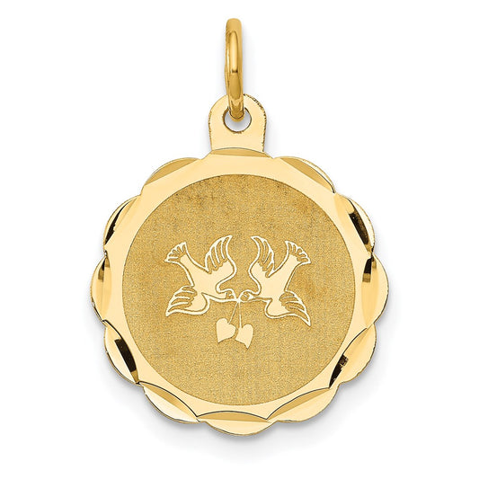 14k Love Birds Scalloped Border Engravable Disc Charm