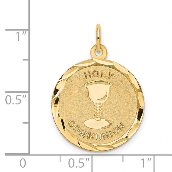 14k Polished and Satin Solid HOLY COMMUNION Diamond-cut Edge Round Disc Pendant