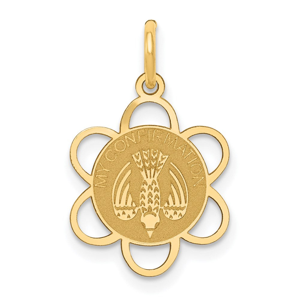 14k Polished MY CONFIRMATION with Dove Scalloped Edge Round Charm