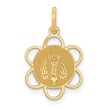 14k Polished MY CONFIRMATION with Dove Scalloped Edge Round Charm