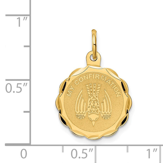 14k Polished and Satin Solid MY CONFIRMATION with Dove Scalloped Edge Round Disc Pendant