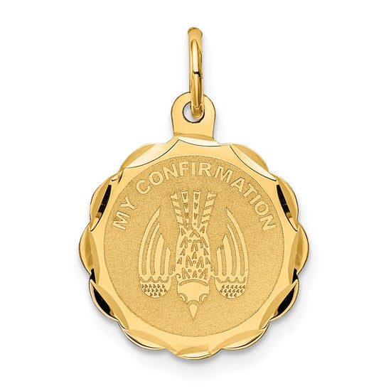 14k Polished and Satin Solid MY CONFIRMATION with Dove Scalloped Edge Round Disc Pendant