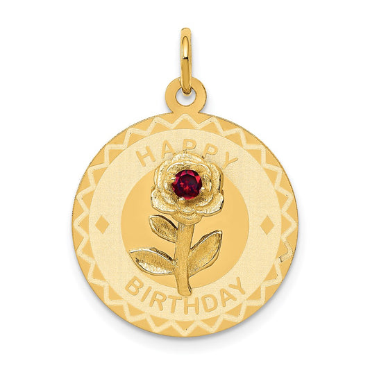 14k HAPPY BIRTHDAY with Red CZ Flower 19mm Engravable Disc Charm