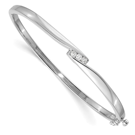 14k White Gold Complete 3-Stone 1/8 carat A Diamond Hinged Oval Bangle Bracelet