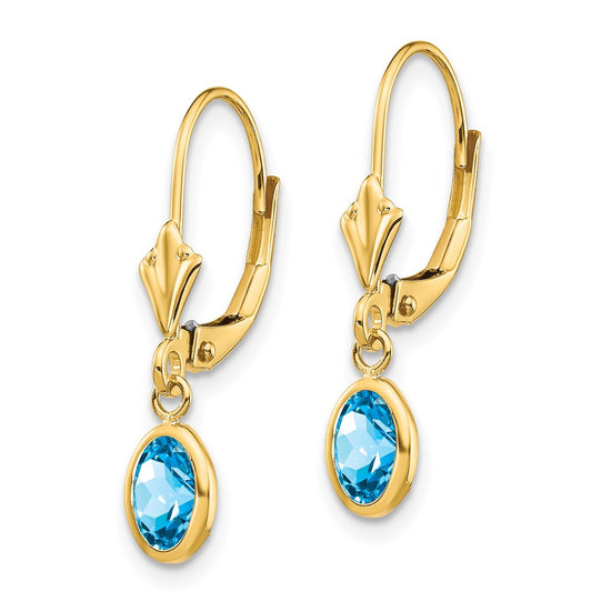 14k 6x4 Oval Bezel December/Blue Topaz Leverback Earrings