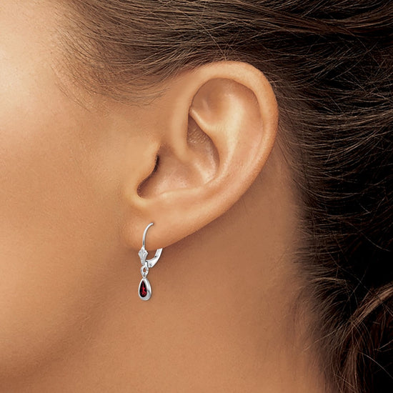 14k White Gold 6x4 Pear Bezel January/Garnet Leverback Earrings