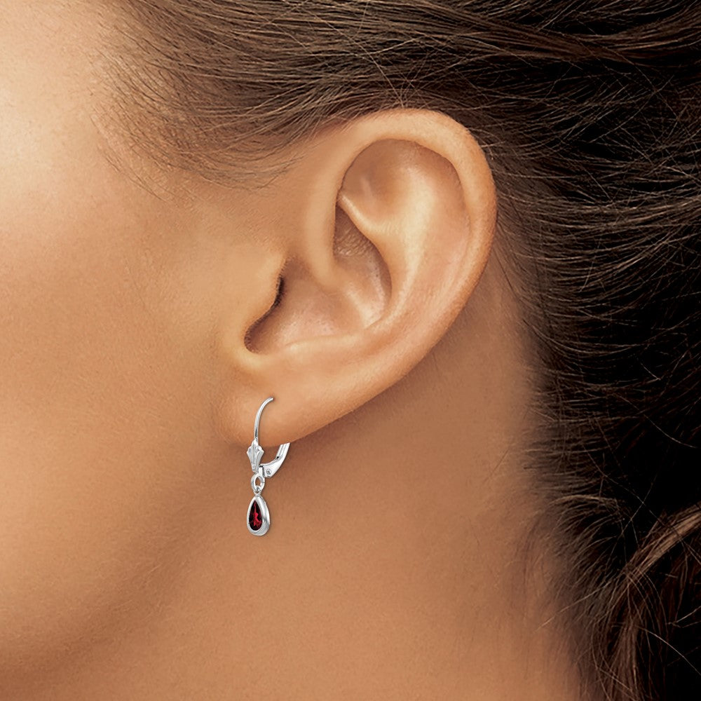 14k White Gold 6x4 Pear Bezel January/Garnet Leverback Earrings