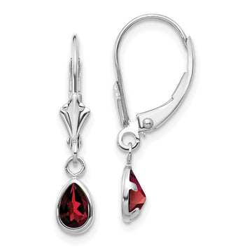 14k White Gold 6x4 Pear Bezel January/Garnet Leverback Earrings