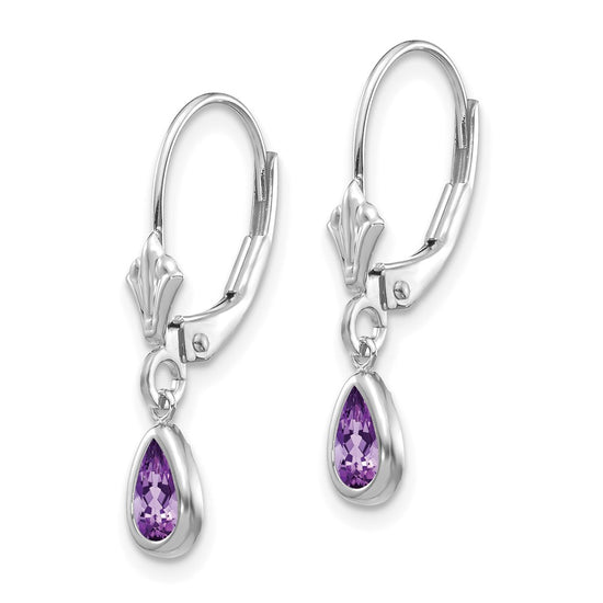 14k White Gold 6x4 Pear Bezel February/Amethyst Leverback Earrings