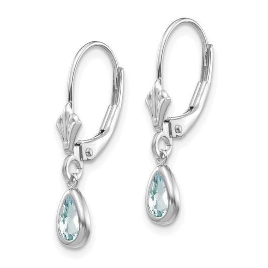 14k White Gold 6x4 Pear Bezel March/Aquamarine Leverback Earrings