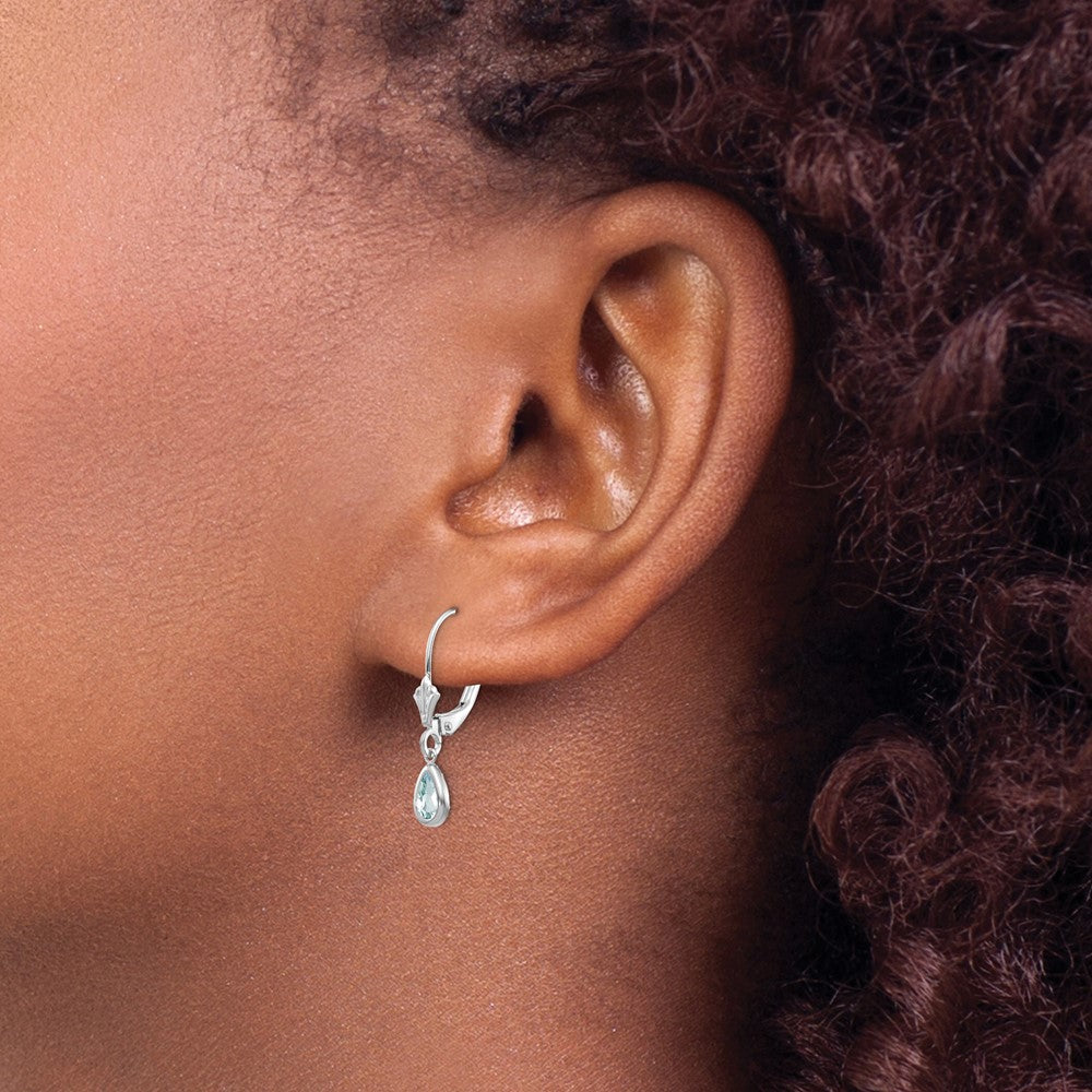 14k White Gold 6x4 Pear Bezel March/Aquamarine Leverback Earrings
