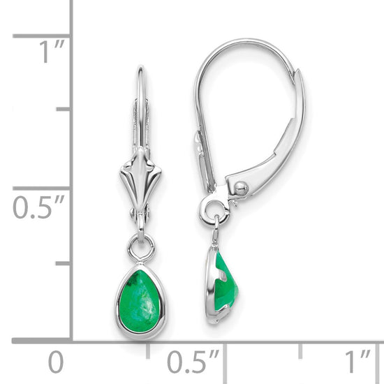 14k White Gold 6x4 Pear Bezel May/Emerald Leverback Earrings