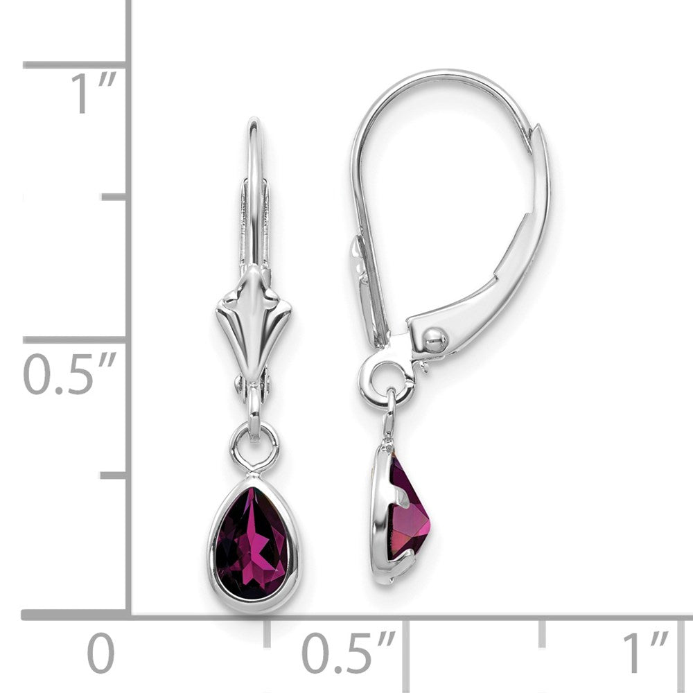 14k White Gold 6x4 Pear Bezel June/Rhodolite Garnet Leverback Earrings