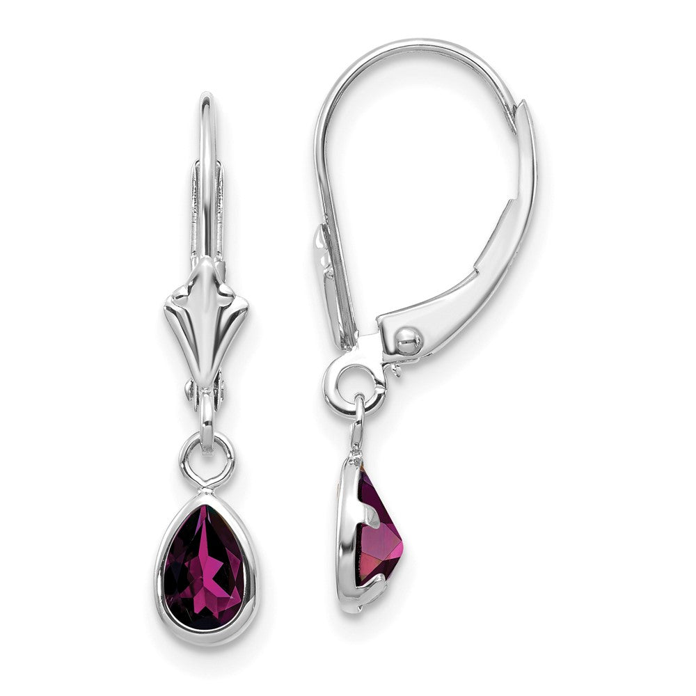 14k White Gold 6x4 Pear Bezel June/Rhodolite Garnet Leverback Earrings