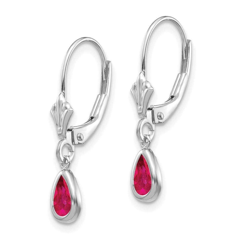 14k White Gold 6x4 Pear Bezel July/Ruby Leverback Earrings