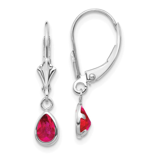 14k White Gold 6x4 Pear Bezel July/Ruby Leverback Earrings