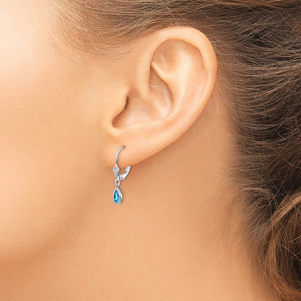 14k White Gold 6x4 Pear Bezel December/Blue Topaz Leverback Earrings