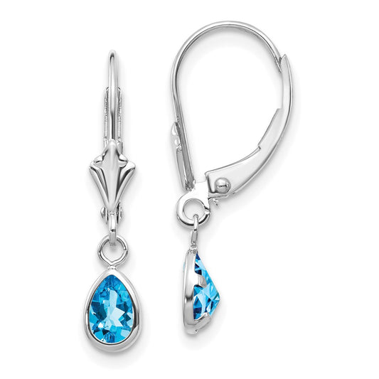 14k White Gold 6x4 Pear Bezel December/Blue Topaz Leverback Earrings