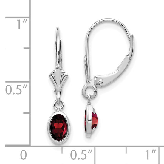 14k White Gold 6x4 Oval Bezel January/Garnet Leverback Earrings