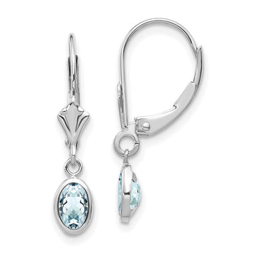 14k White Gold 6x4 Oval Bezel March/Aquamarine Leverback Earrings