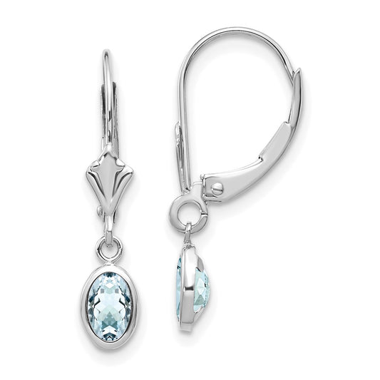 14k White Gold 6x4 Oval Bezel March/Aquamarine Leverback Earrings