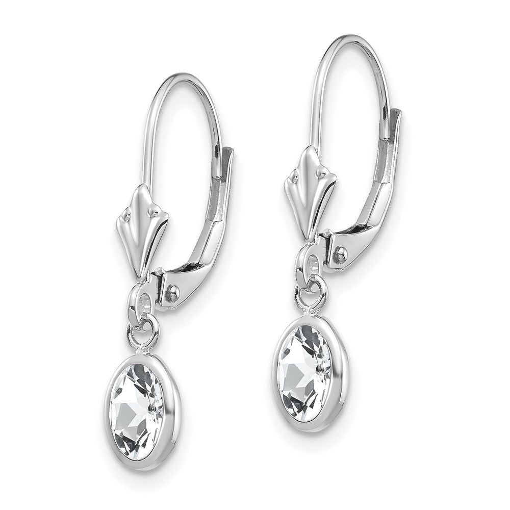 14k White Gold 6x4 Oval Bezel April/White Topaz Leverback Earrings